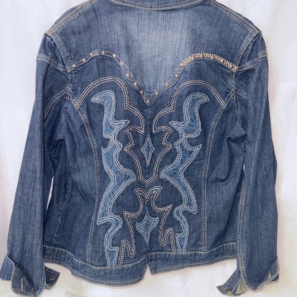 Reba Dillards Embroidered Mesh Back Denim Jacket Embellished Studded Western - Picture 2 of 3